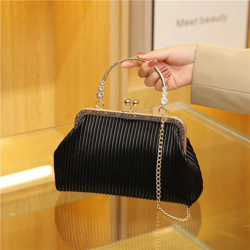 Women Shoulder Bag Leather Metal Handbag Small Crossbody Chain Dinner Bag