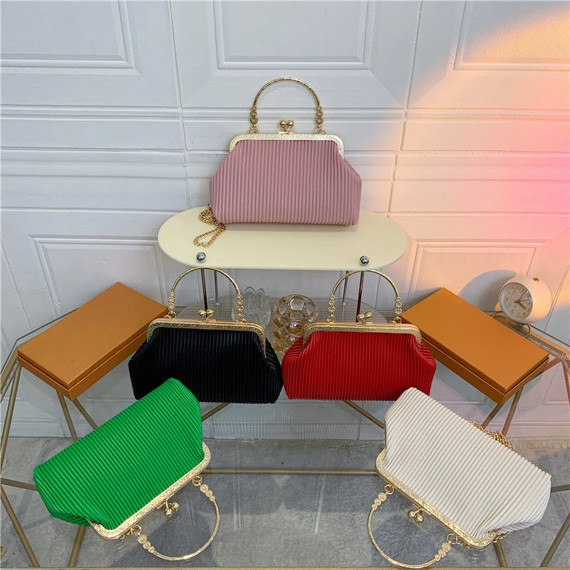 Women Shoulder Bag Leather Metal Handbag Small Crossbody Chain Dinner Bag
