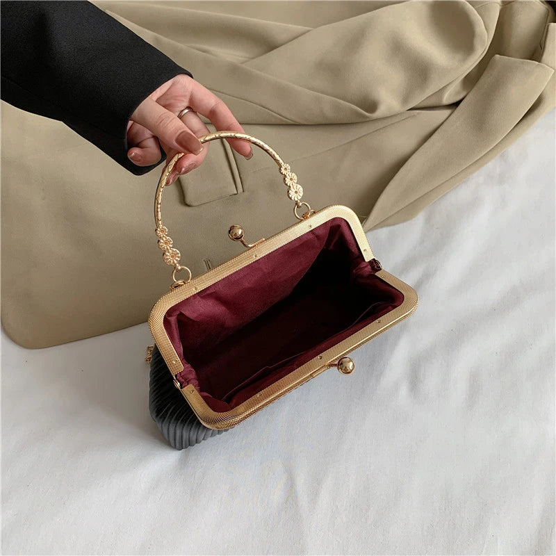 Women Shoulder Bag Leather Metal Handbag Small Crossbody Chain Dinner Bag