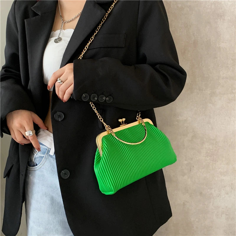 Women Shoulder Bag Leather Metal Handbag Small Crossbody Chain Dinner Bag
