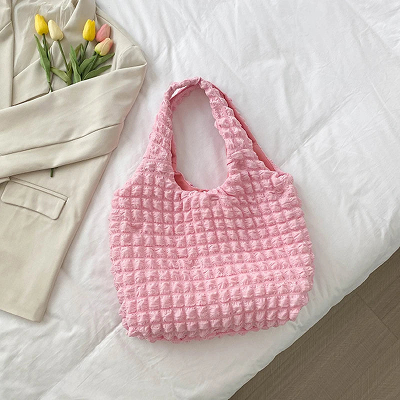 Cloud Bubble Flower Shoulder Bag Plaid Shopping Bags Soft Grocery Handbag