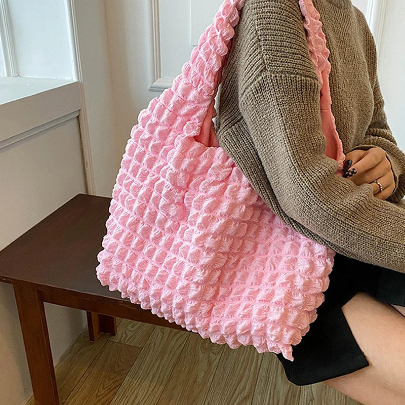 Cloud Bubble Flower Shoulder Bag Plaid Shopping Bags Soft Grocery Handbag