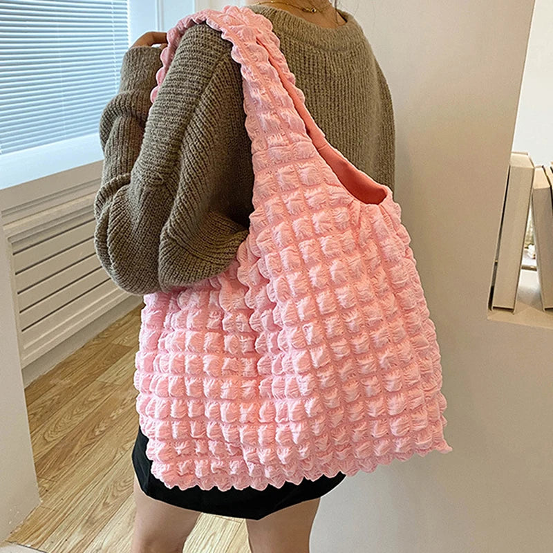 Cloud Bubble Flower Shoulder Bag Plaid Shopping Bags Soft Grocery Handbag