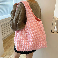 Cloud Bubble Flower Shoulder Bag Plaid Shopping Bags Soft Grocery Handbag