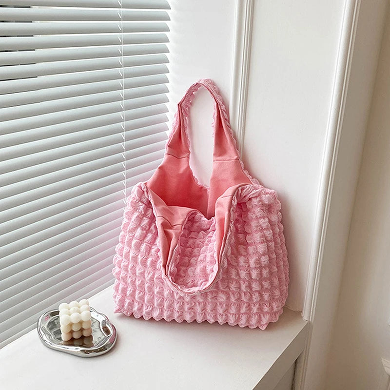 Cloud Bubble Flower Shoulder Bag Plaid Shopping Bags Soft Grocery Handbag