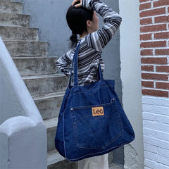 Large Denim Women's Shoulder Bag Soft College Student Book Bag