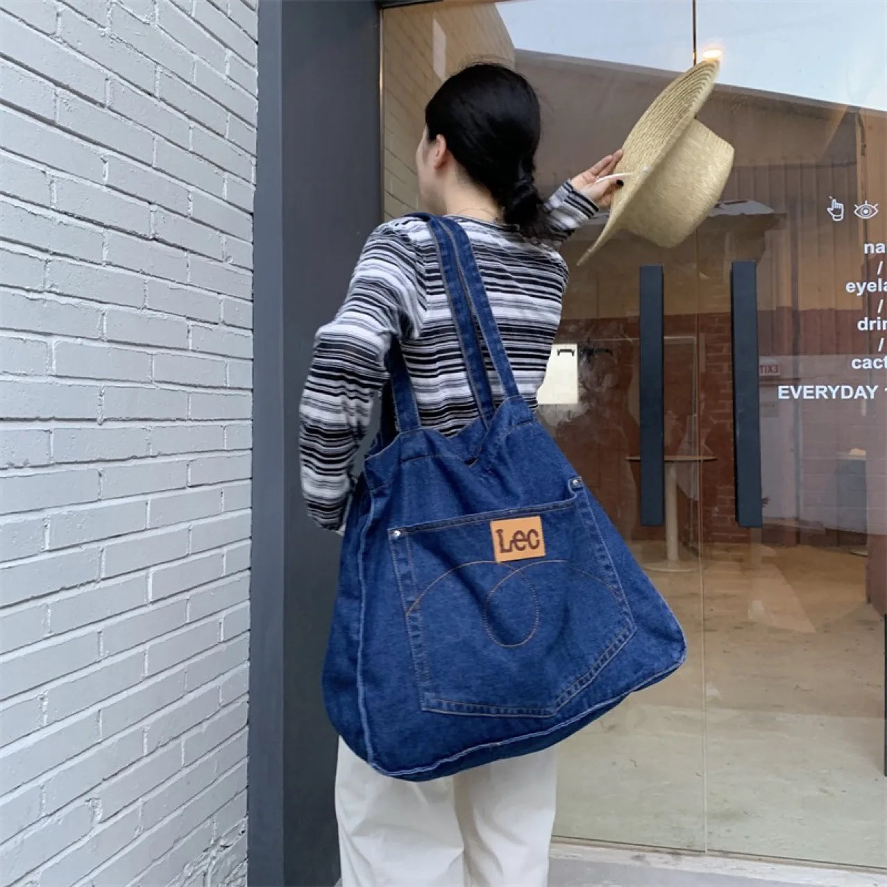 Large Denim Women's Shoulder Bag Soft College Student Book Bag