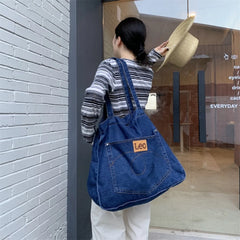 Large Denim Women's Shoulder Bag Soft College Student Book Bag