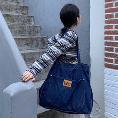 Large Denim Women's Shoulder Bag Soft College Student Book Bag