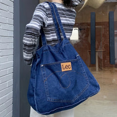 Large Denim Women's Shoulder Bag Soft College Student Book Bag