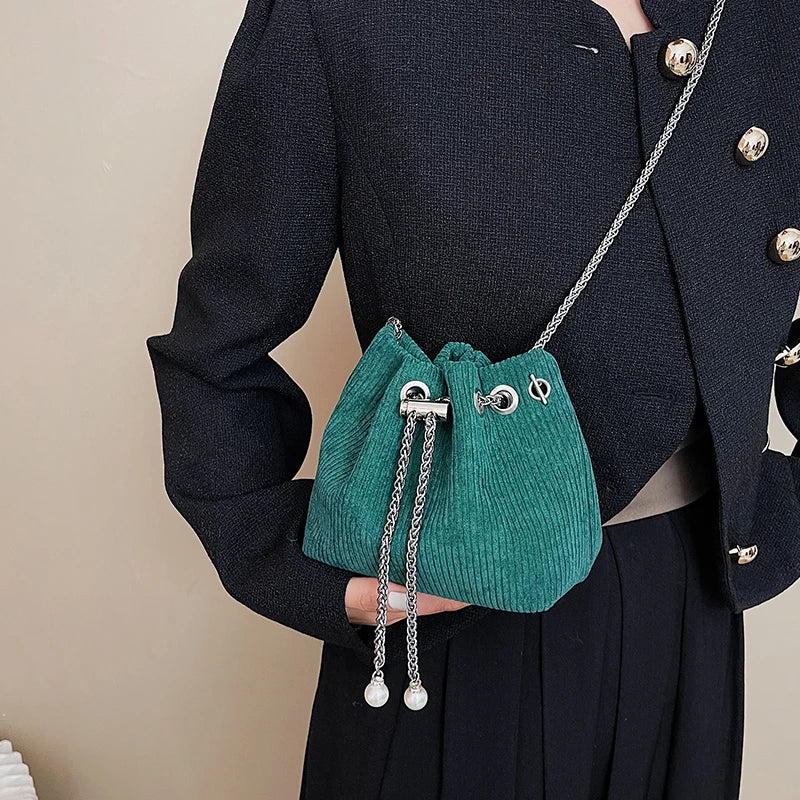 Corduroy Drawstring Handbag Bucket Chain Shoulder Crossbody Bag
