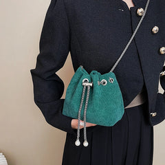 Corduroy Drawstring Handbag Bucket Chain Shoulder Crossbody Bag