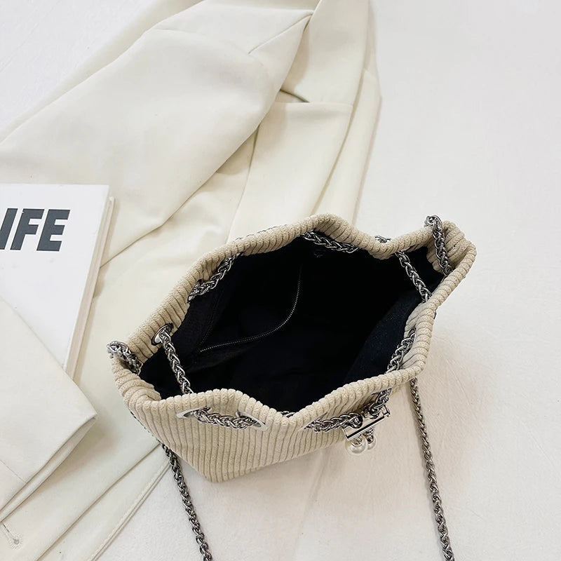 Corduroy Drawstring Handbag Bucket Chain Shoulder Crossbody Bag