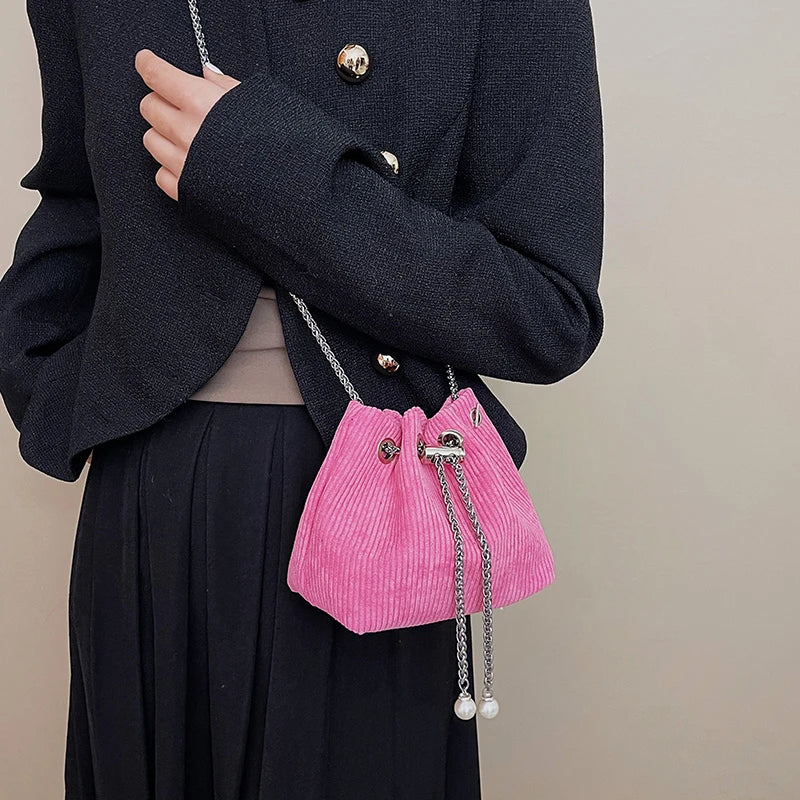 Corduroy Drawstring Handbag Bucket Chain Shoulder Crossbody Bag