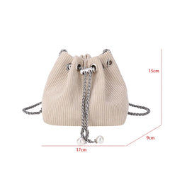 Corduroy Drawstring Handbag Bucket Chain Shoulder Crossbody Bag
