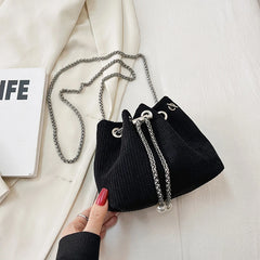Corduroy Drawstring Handbag Bucket Chain Shoulder Crossbody Bag