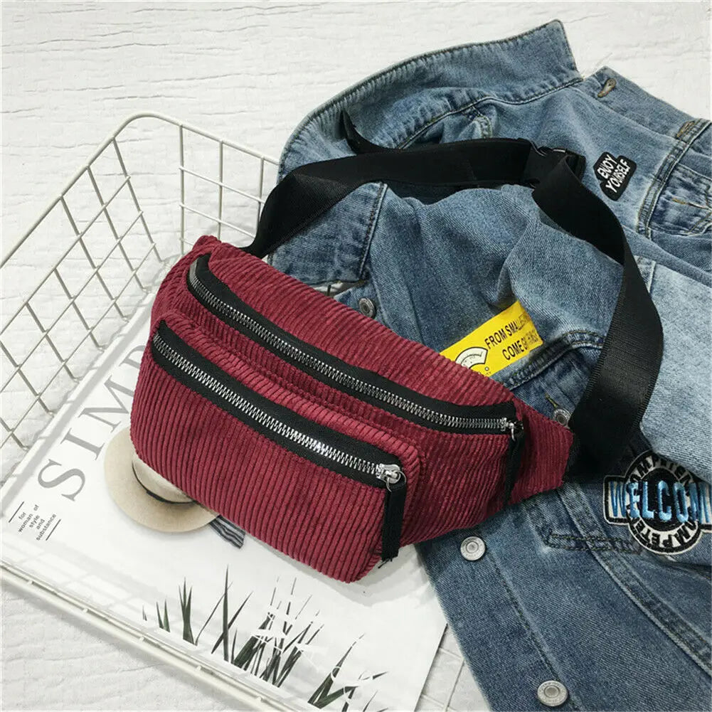 Corduroy Fanny Pack Women Waist Bag Belt Money Travel Bum Bag