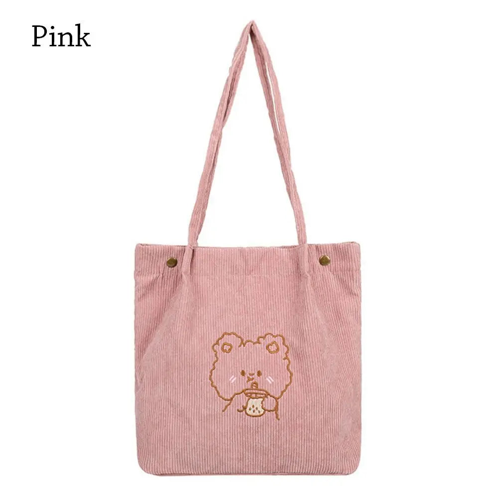 Corduroy Tote Bag Embroidered Bear Shoulder Shopping Bag