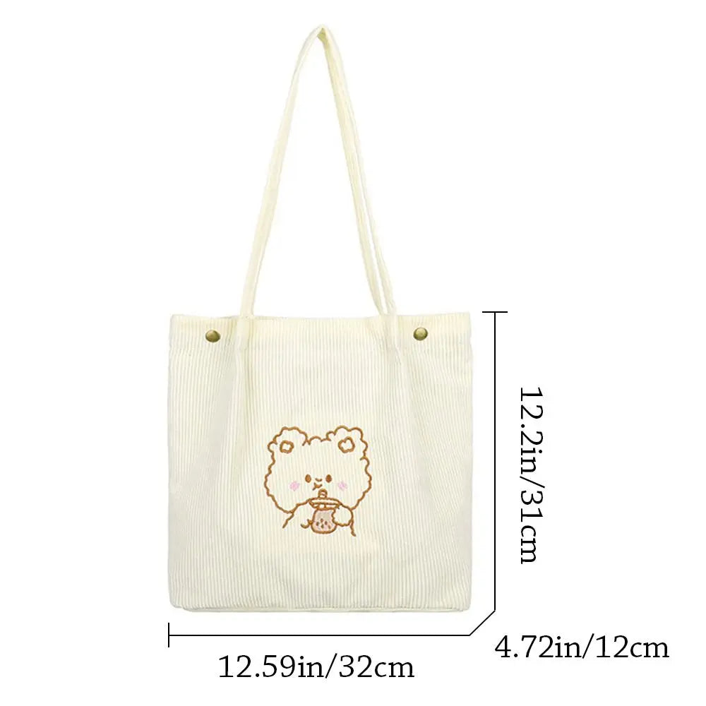 Corduroy Tote Bag Embroidered Bear Shoulder Shopping Bag