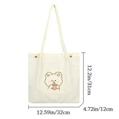 Corduroy Tote Bag Embroidered Bear Shoulder Shopping Bag