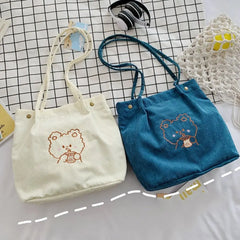Corduroy Tote Bag Embroidered Bear Shoulder Shopping Bag