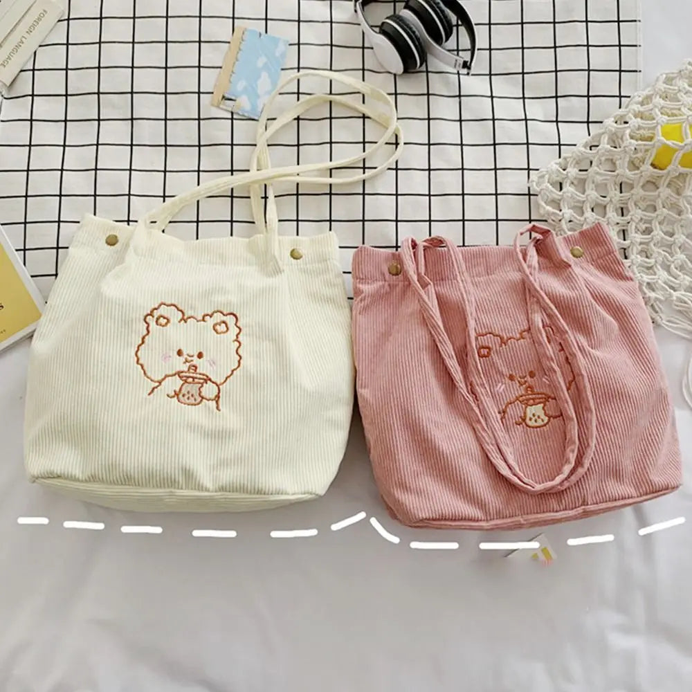 Corduroy Tote Bag Embroidered Bear Shoulder Shopping Bag