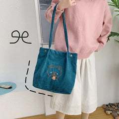 Corduroy Tote Bag Embroidered Bear Shoulder Shopping Bag