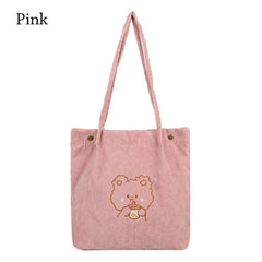 Corduroy Tote Bag Embroidered Bear Shoulder Shopping Bag