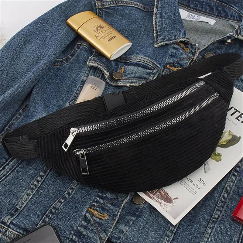 Women's Corduroy Waist Bag Canvas Travel Pack Phone Money Chest Bag