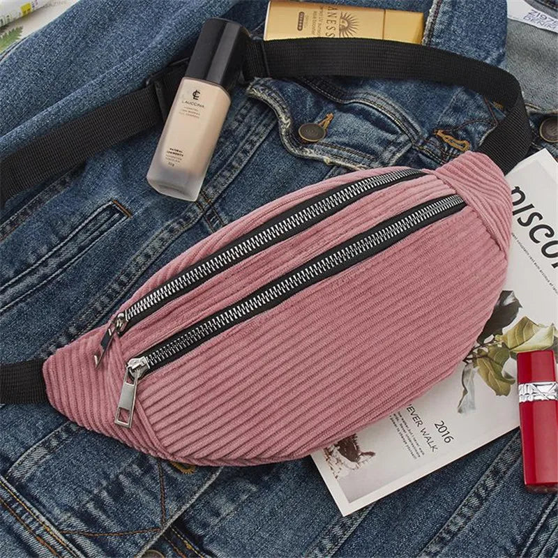 Women's Corduroy Waist Bag Canvas Travel Pack Phone Money Chest Bag