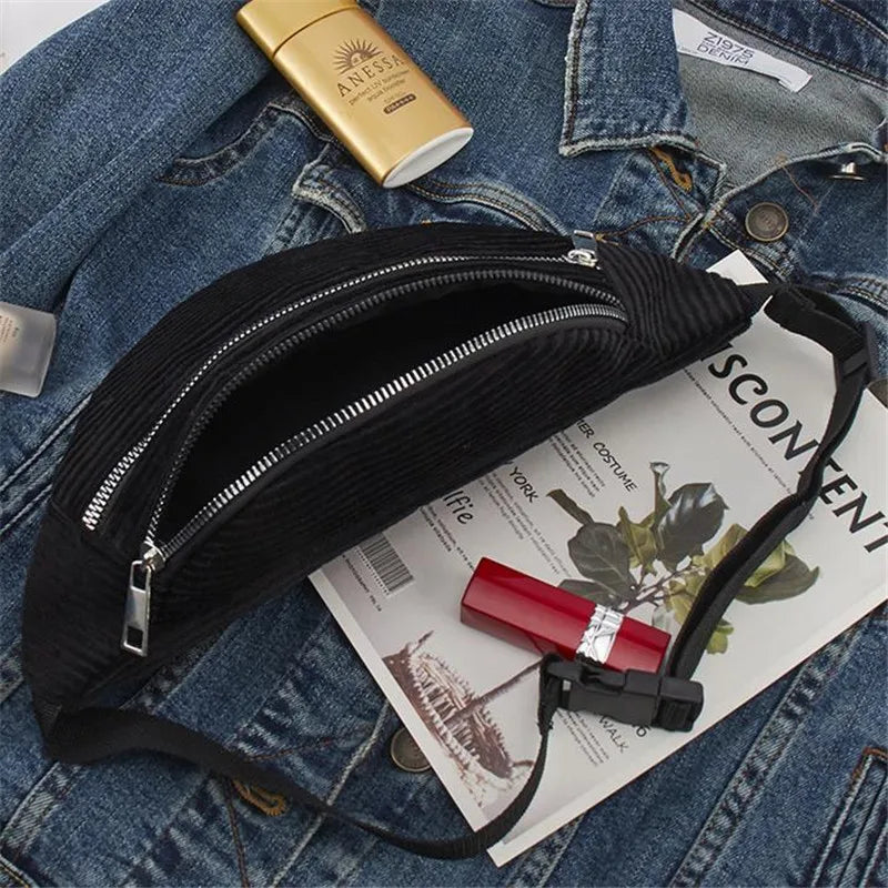 Women's Corduroy Waist Bag Canvas Travel Pack Phone Money Chest Bag