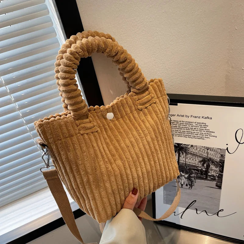 Versatile Corduroy Bucket Shoulder Bag for Women