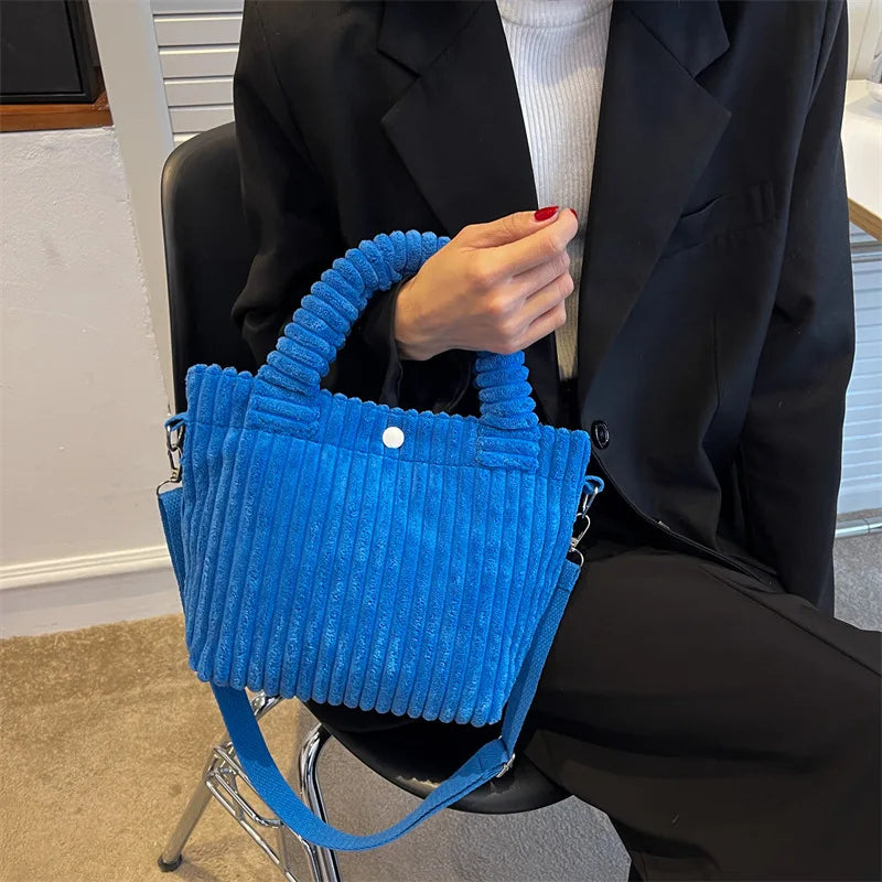 Corduroy Bucket Shoulder Bag with Adjustable Strap