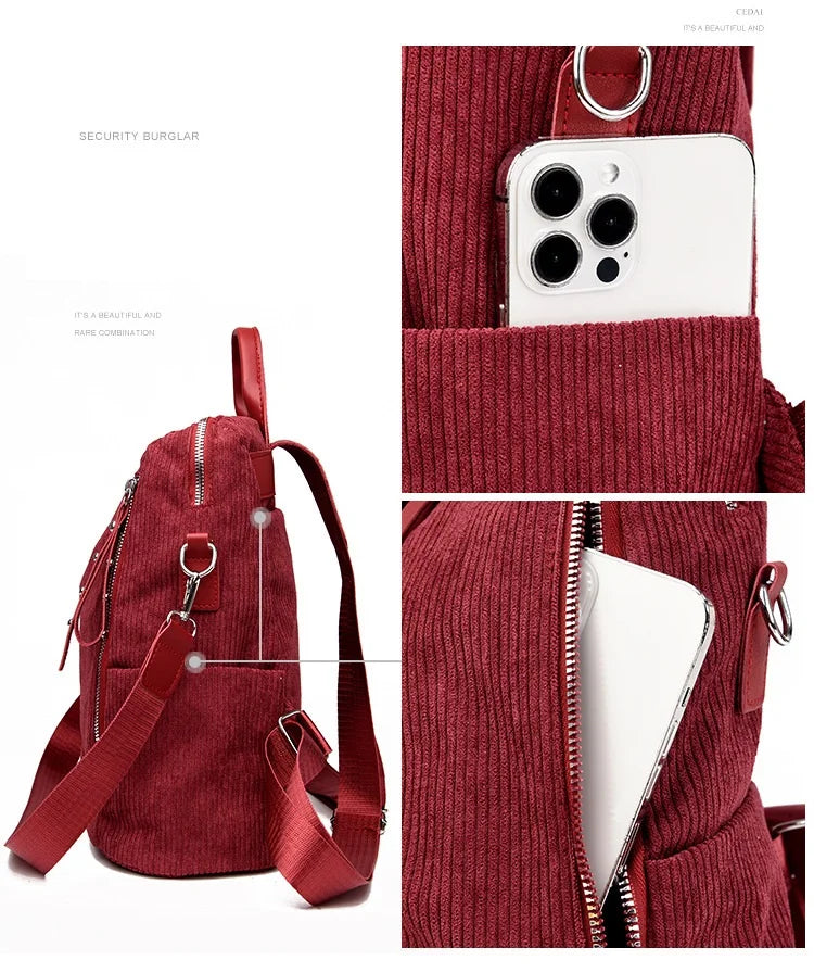 Corduroy Women Backpack Large Capacity School Bags for Girls