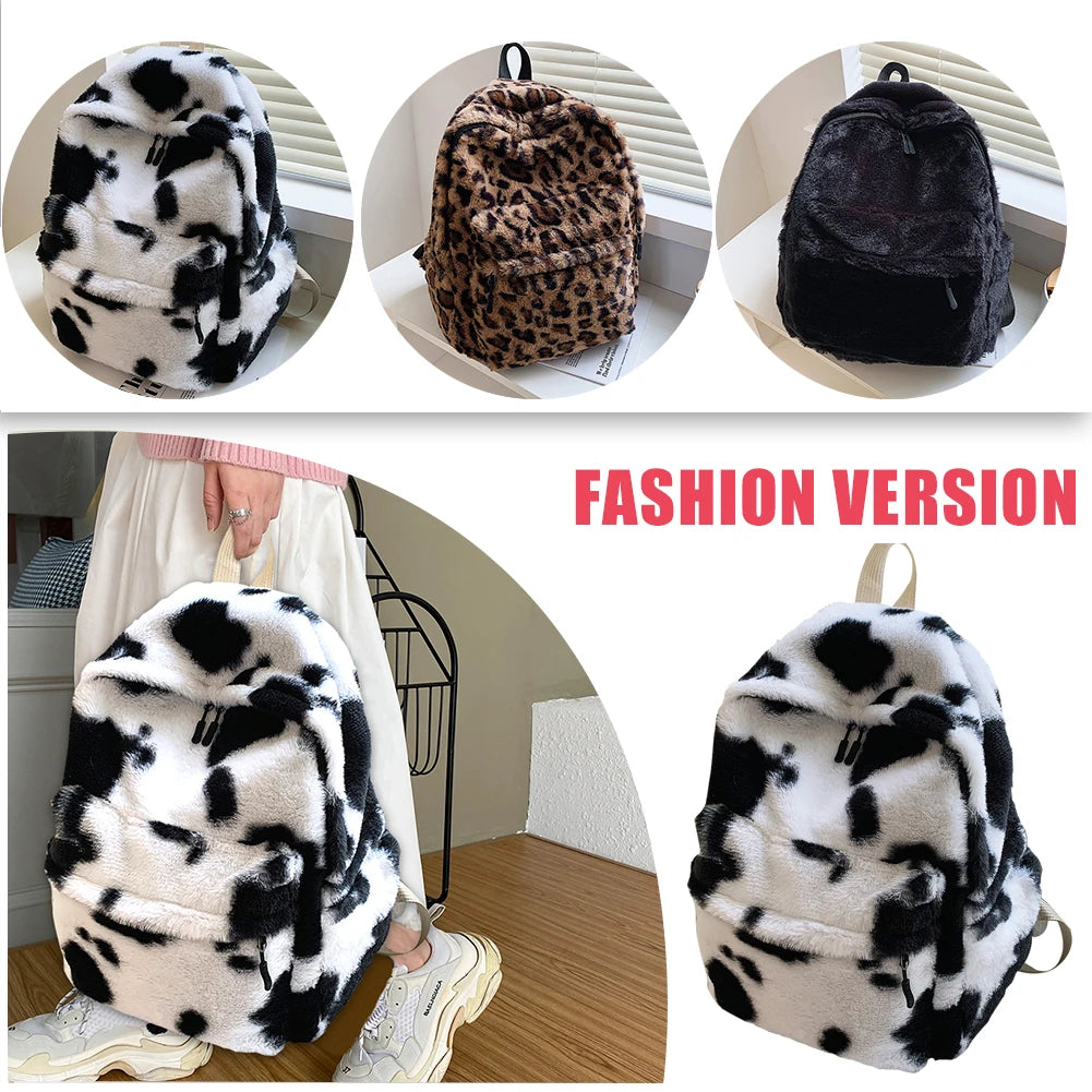 Cow Leopard Animal Print Backpack Women Travel Plush Shoulder Bag