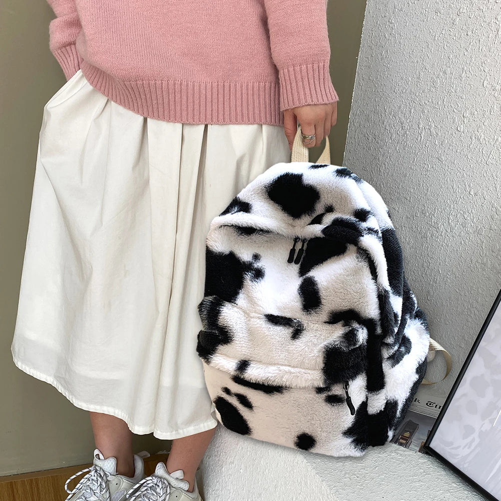 Cow Leopard Animal Print Backpack Women Travel Plush Shoulder Bag