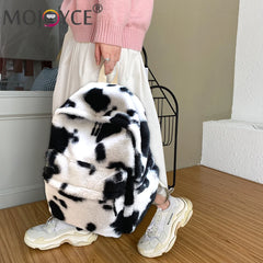 Cow Leopard Animal Pattern Women's Backpack Soft Plush Large Capacity