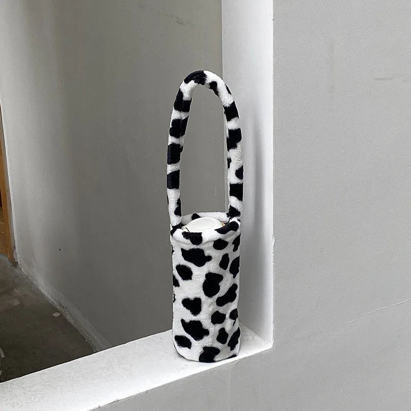 Cow Pattern Plush Crossbody Water Cup Bag Girl Student Small Bucket Handbag