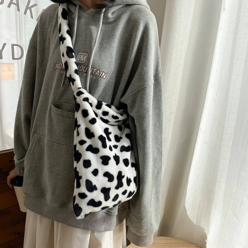 Cow Pattern Shoulder Bag Women Plush Soft Autumn Winter Fluffy Totes Hand