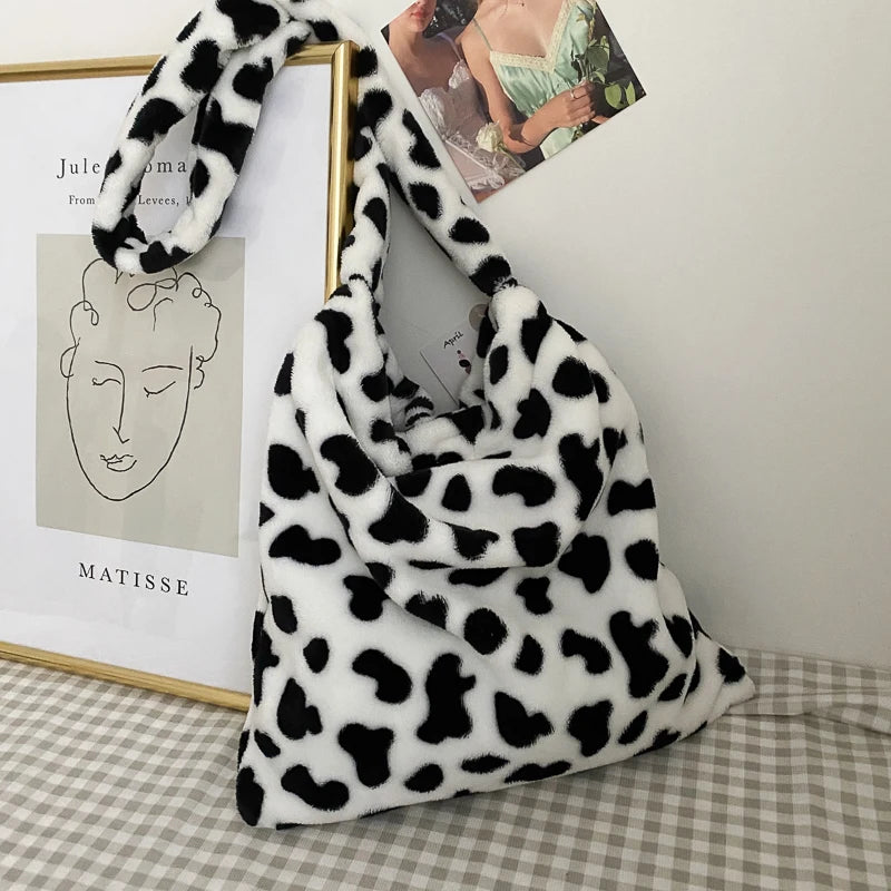 Cow Pattern Shoulder Bag Women Plush Soft Autumn Winter Fluffy Totes Hand