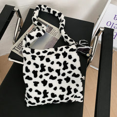 Cow Pattern Shoulder Bag Women Plush Soft Autumn Winter Fluffy Totes Hand