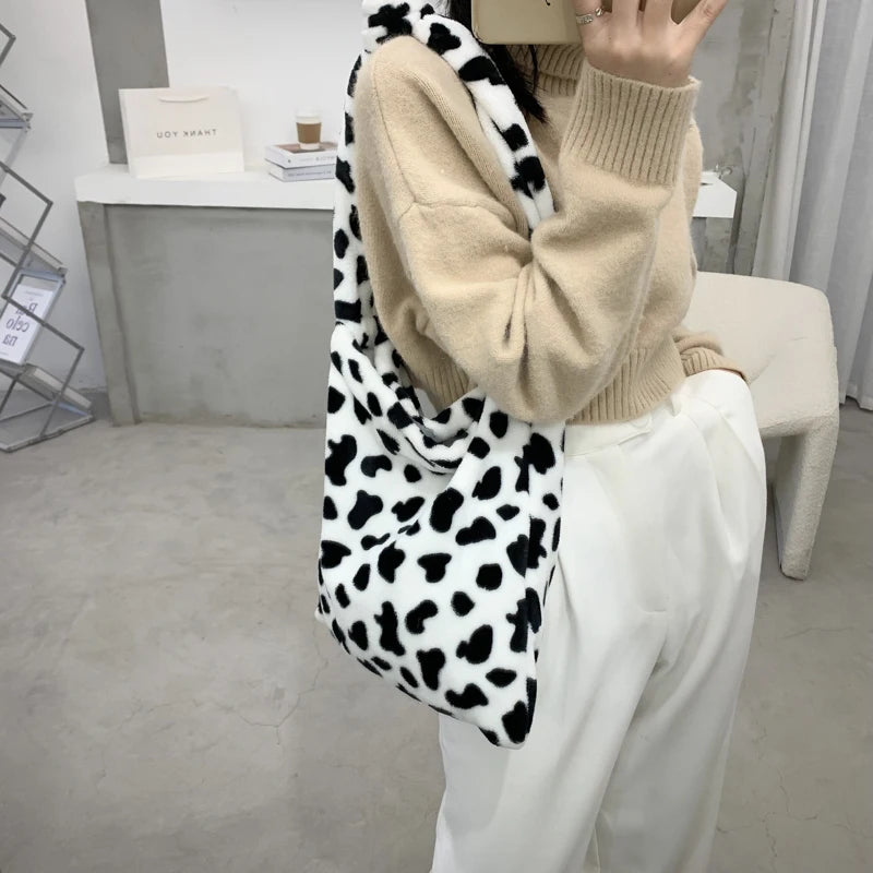 Cow Pattern Shoulder Bag Women Plush Soft Autumn Winter Fluffy Totes Hand