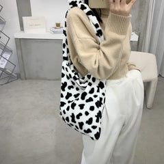 Cow Pattern Shoulder Bag Women Plush Soft Autumn Winter Fluffy Totes Hand