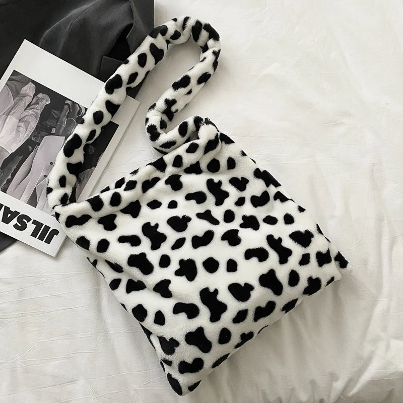 Cow Pattern Shoulder Bag Women Plush Soft Autumn Winter Fluffy Totes Hand
