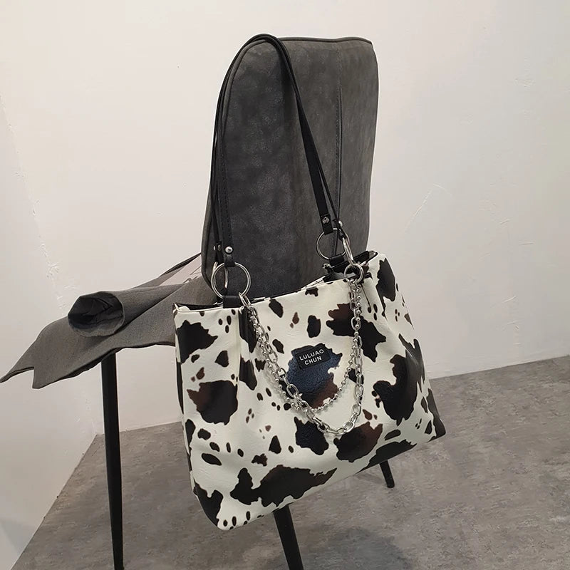Cow Pattern Women's Shoulder Bag Chain Large Tote