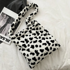 Cow Pattern Shoulder Bag Plush Soft Totes Handbag Lady Travel Purse