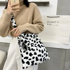 Cow Pattern Shoulder Bag Plush Soft Totes Handbag Lady Travel Purse