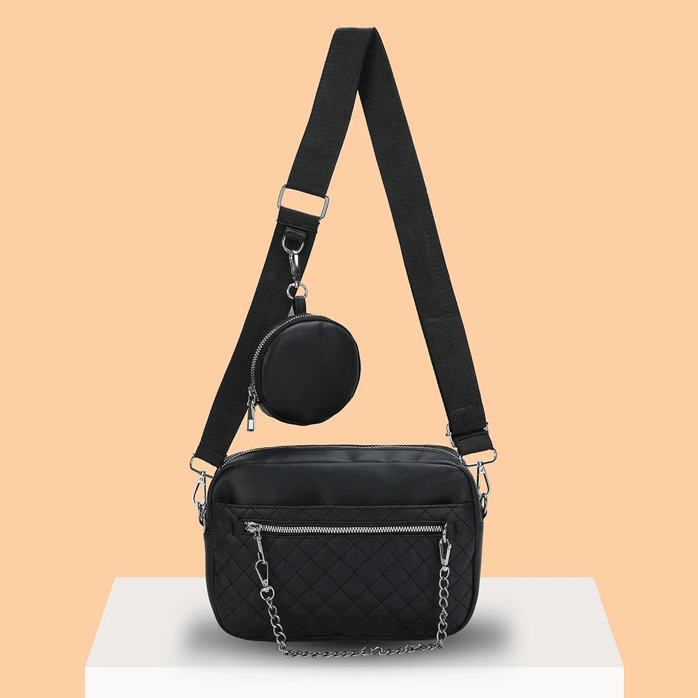 Rhombus Pattern Leather Crossbody Hand Bag with Chains