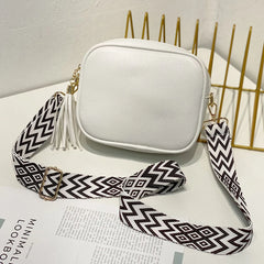 Casual Crossbody Bag Tassel Small Square Satchel PU Leather Wide Strap