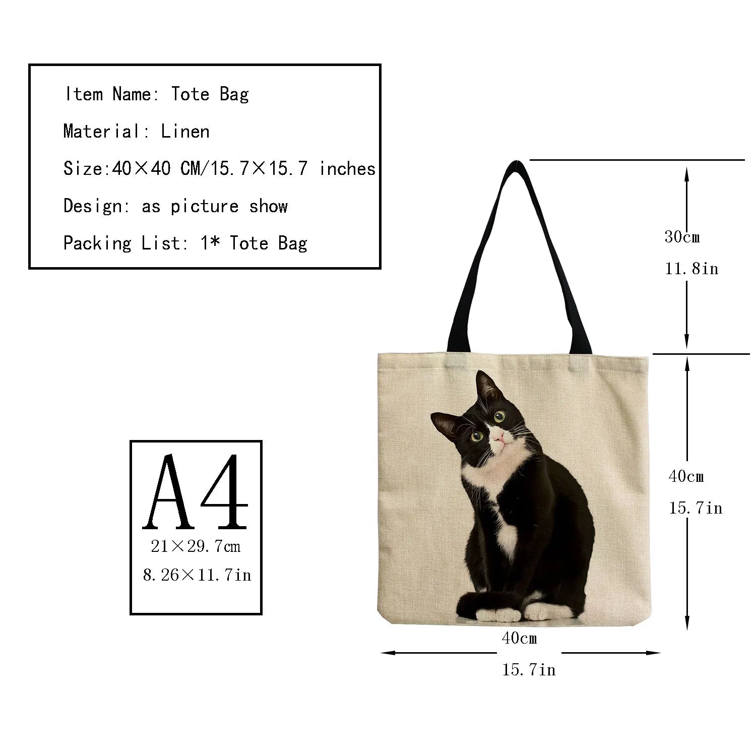 Cat Printing Handbag Women Foldable High Capacity Tote Bags Animal Shoulder Bag